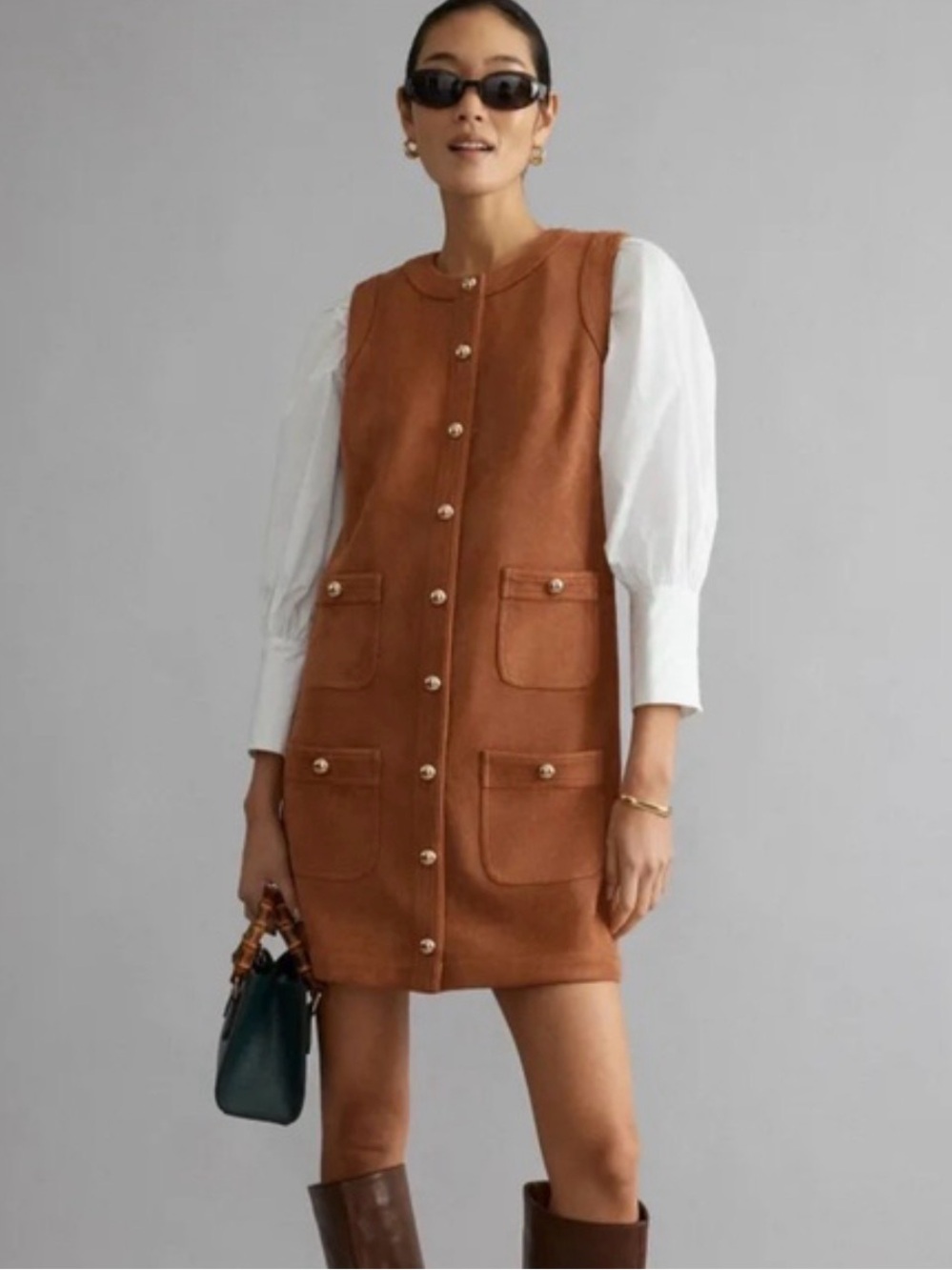 Sleeveless Button-Front Suede Pocket Dress in Cognac Tuckernuck Size M NWT